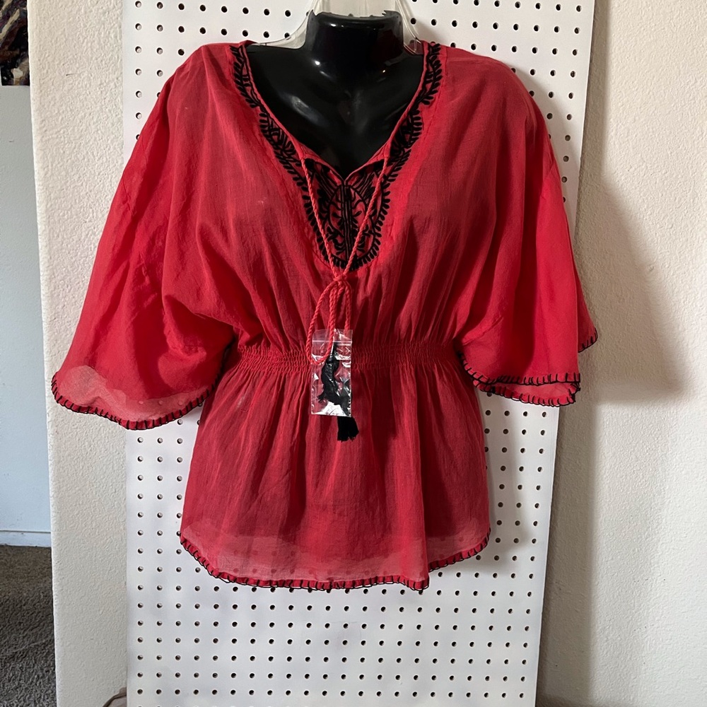 Sheer Salmon-Reddish Prairie Boho Crochet Drawstring Top NWT